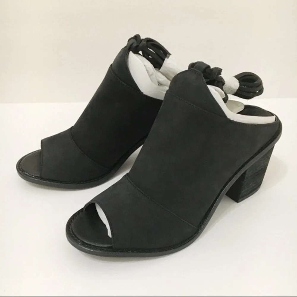 Chinese Laundry Size‎ 6 Black Leather Ankle Wrap Peep Toe Mules Shoes Heels
